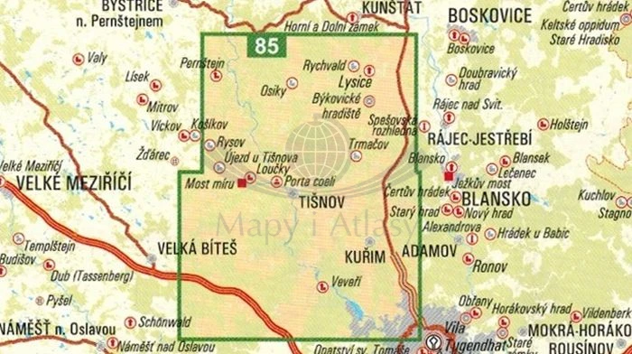 Brno, północne okolice / Tisnovsko, Blansko. Mapa turystyczna 85 wydawnictwa Geodezie On Line. Zasięg