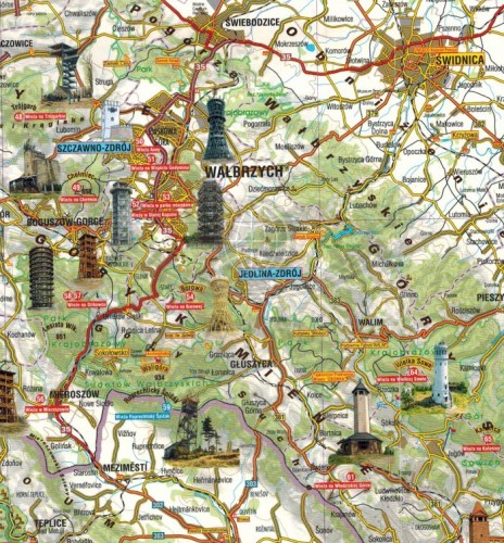 Sudety, mapa wież widokowych. Mapa turystyczna- samochodowa wydania Galileos. Fragment 1