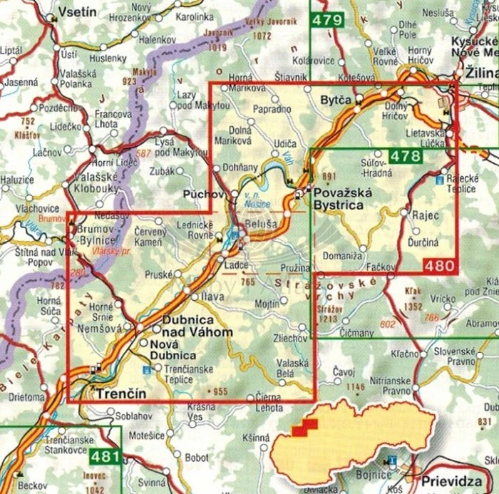 Góry Strażowskie, Sulowskie Skały, Vrsatec. Mapa turystyczna 480 wydawnictwa Shocart. Zasięg