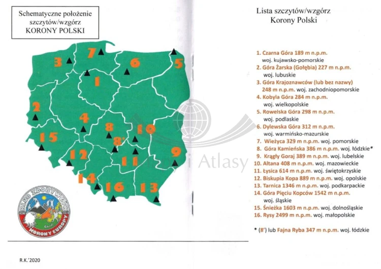 Książeczka odznaki "Korona Polski". Wykaz szczytów