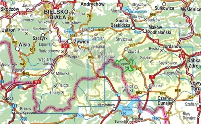 Beskid Żywiecki 1:50 000. Mapa laminowana wydawnictwa Compass. Zasięg