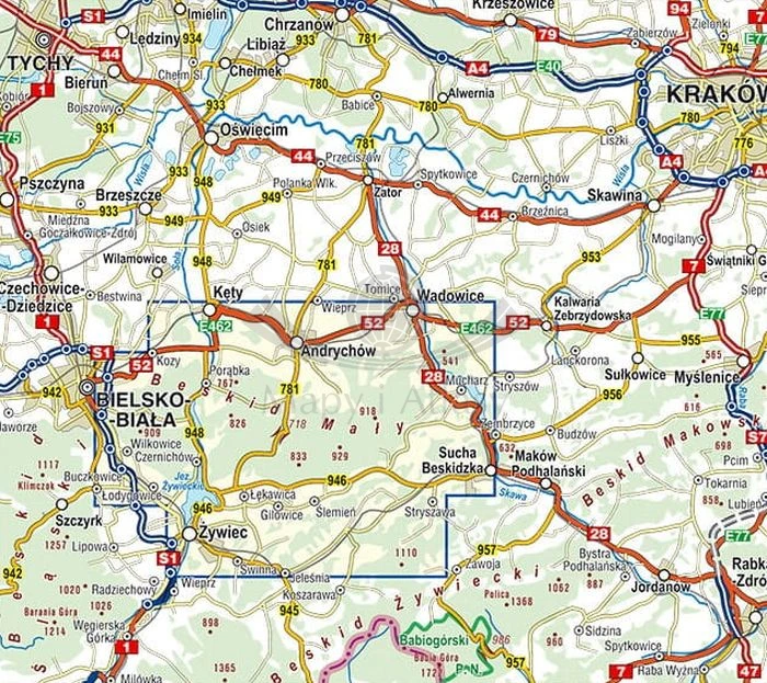 Beskid Mały 1:40 000. Laminowana mapa turystyczna wydawnictwa Compass. Zasięg
