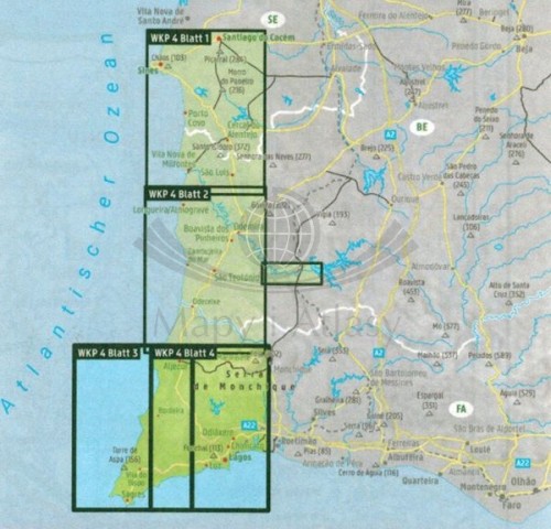 Costa Vicentina 1:50 000. Wodoodporny zestaw dwóch map turystycznych WKP 4. Freytag &amp; Berndt. Mapa pierwsza - zasięg