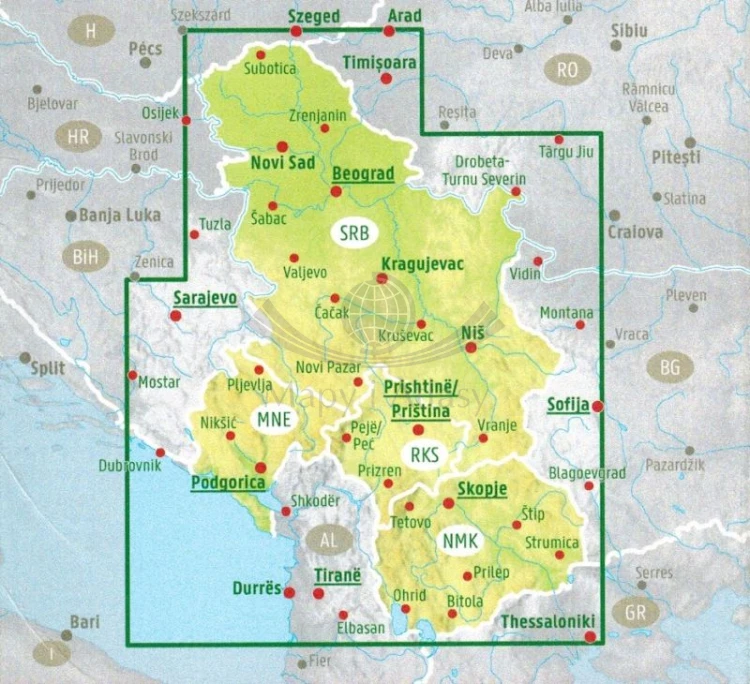 Serbia, Czarnogóra, Kosowo, Macedonia Północna. Mapa samochodowo-turystyczna. Freytag & Berndt. Zasięg