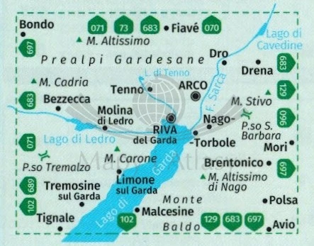Jezioro Garda, część północna / Alto Garda. Wodoodporna mapa turystyczna 659. Kompass. Zasieg