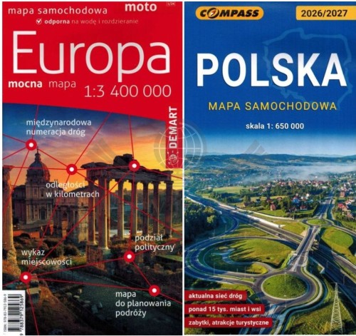Europa 1:3 400 000. Laminowana mapa samochodowa + Polska Compass