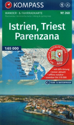 Istria, Triest, Parenzana 1:65 000. Wodoodporna mapa samochodowo-turystyczna 260. Kompass. Okładka