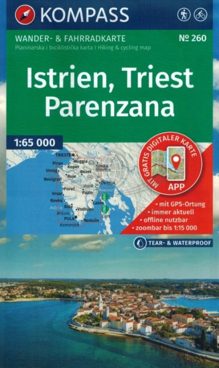 Istria, Triest, Parenzana 1:65 000. Wodoodporna mapa samochodowo-turystyczna 260. Kompass. Okładka