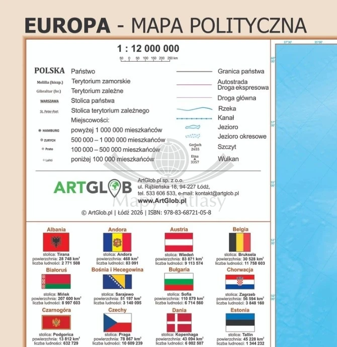 Europa. Mapa fizyczna i polityczna. Podkładka na biurko wydawnictwa ArtGlob. Fragment 3