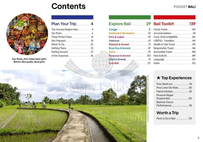 Bali. Przewodnik Pocket z mapą wyspy wydawnictwa Lonely Planet. Spie treści