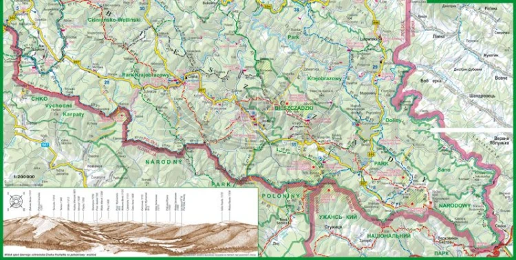 Bieszczady 1:200 000. Laminowana minimapa turystyczna  wydawnictwa ExpressMap. Druga strona