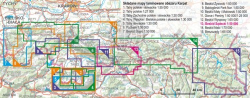 Beskid Sądecki 1:50 000. Laminowana mapa turystyczna wydawnictwa ExpressMap. Zasięg