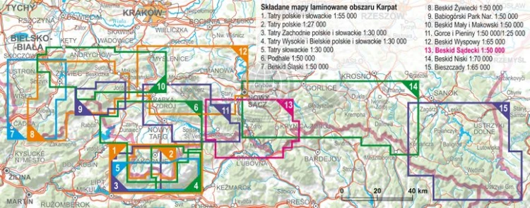 Beskid Sądecki 1:50 000. Laminowana mapa turystyczna wydawnictwa ExpressMap. Zasięg