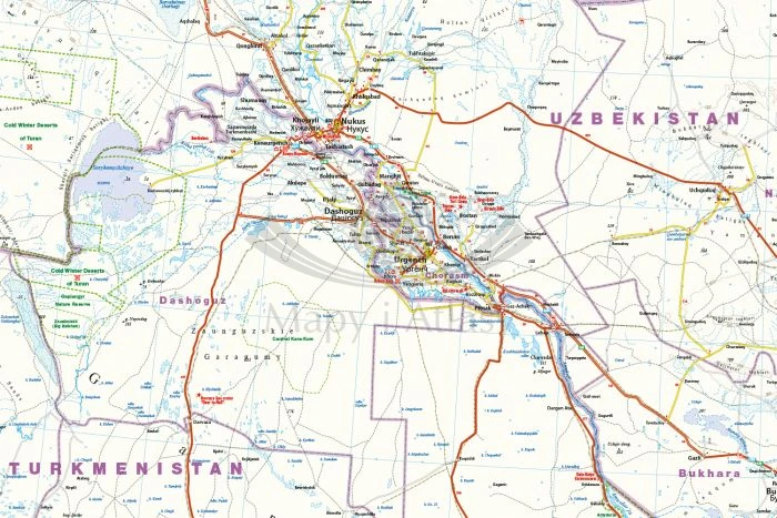 Azja Środkowa. Uzbekistan, Turkmenistan, Kirgistan, Tadżykistan 1:1 700 000. Wodoodporna mapa samochodowo-turystyczna wydawnictwa Reise Know-How. Fragment