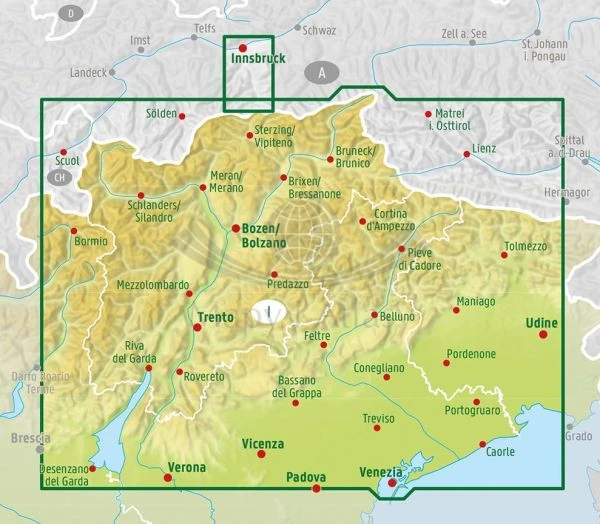 Tyrol południowy. Trydent, Jezioro Garda, Wenecja. Mapa samochodowo-turystyczna wydawnictwa Freytag Berndt. Zasięg