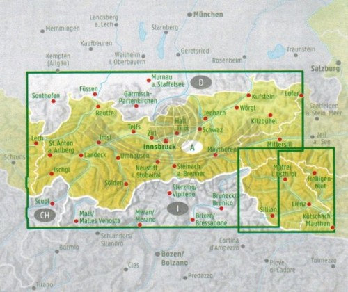 Tyrol 1:150 000. Mapa samochodowo-turystyczna /77/ wydawnictwa Freytag Berndt. Zasięg