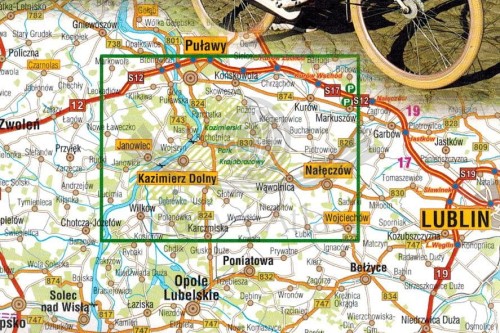 Kazimierz Dolny i okolice 1:40 000. Laminowana mapa rowerowa Velo wydawnictwa Galileos. Zasięg