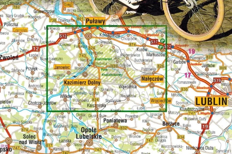 Kazimierz Dolny i okolice 1:40 000. Laminowana mapa rowerowa Velo wydawnictwa Galileos. Zasięg