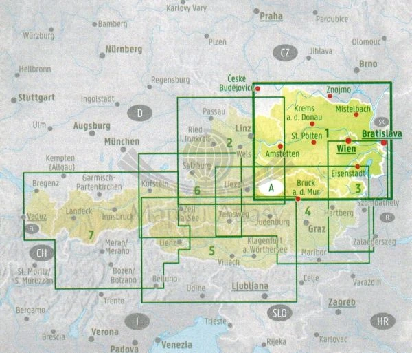 Dolna Austria. Wiedeń. Mapa samochodowo-turystyczna wydawnictwa Freytag Berndt. Zasięg