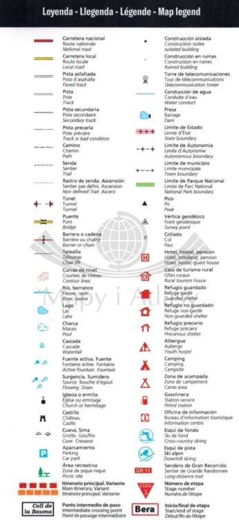 Pireneje: Senda Pirenaica 1: 50 000 0. Mapa turystyczna GR 11 wydawnictwa Editorial Alpina. Legenda