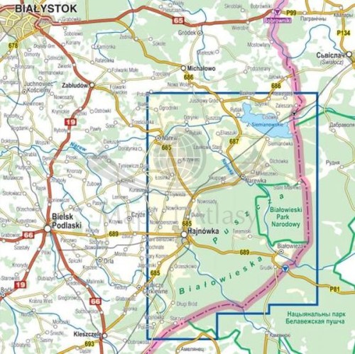 Puszcza Białowieska i okolice. Białowieża. Laminowana mapa turystyczna wydawnictwa Compass. Zasięg