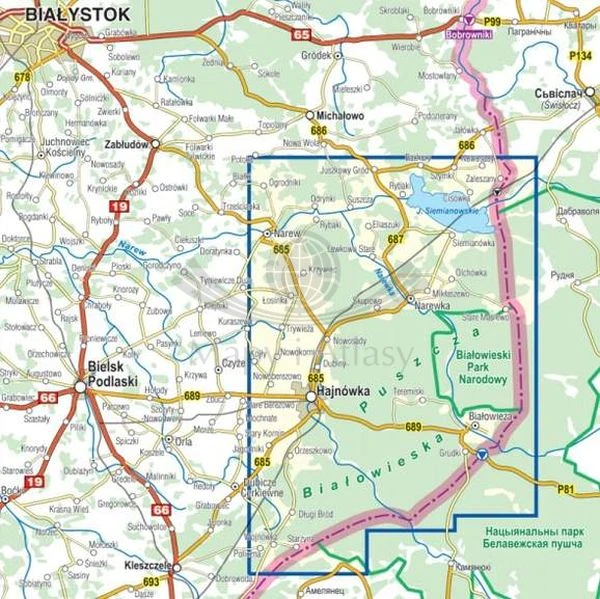 Puszcza Białowieska i okolice. Białowieża. Laminowana mapa turystyczna wydawnictwa Compass. Zasięg