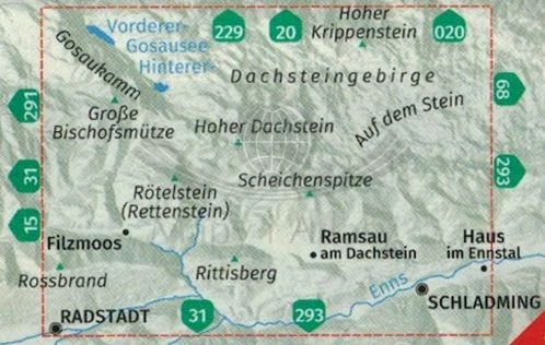Der Dachstein, Filzmoos,Ramsau. Wodooporna mapa turystyczna 031 wydawnictwa Kompass. Zasięg