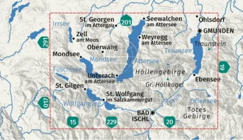 Nordliches Salzkammergut. Wolfganasee, Attersee, Traunsee. Wodoodporna mapa turystyczna 18 wydawnictwa Kompass. Zasięg
