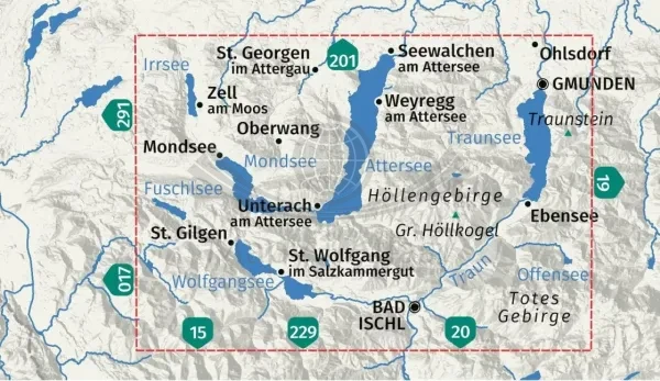 Nordliches Salzkammergut. Wolfganasee, Attersee, Traunsee. Wodoodporna mapa turystyczna 18 wydawnictwa Kompass. Zasięg