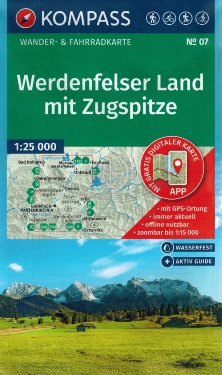 Werdenfelser Land mit Zugspitze. Wodoodporna mapa turystyczna wydawnictwa Kompass. Okładka