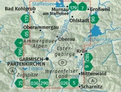 Werdenfelser Land mit Zugspitze. Wodoodporna mapa turystyczna wydawnictwa Kompass. Zasięg