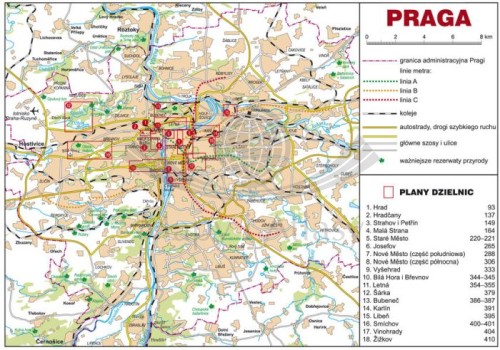 Praga. Przewodnik wydawnictwa Rewasz. Ogólny plan aglomeracji praskiej oraz widok na Stare Miasto i Most Karola.