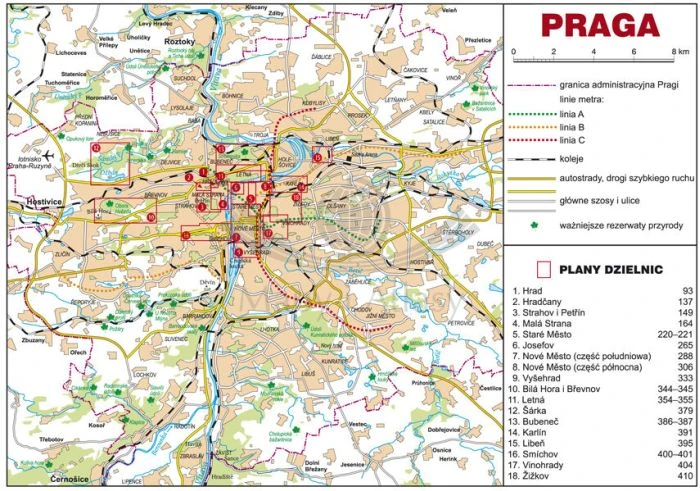 Praga. Przewodnik wydawnictwa Rewasz. Ogólny plan aglomeracji praskiej oraz widok na Stare Miasto i Most Karola.