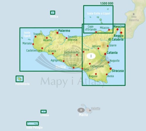 Sycylia, Palermo, Catania, Messina. Mapa samochodowo-turystyczna wydawnictwa Freytag Berndt. Zasięg