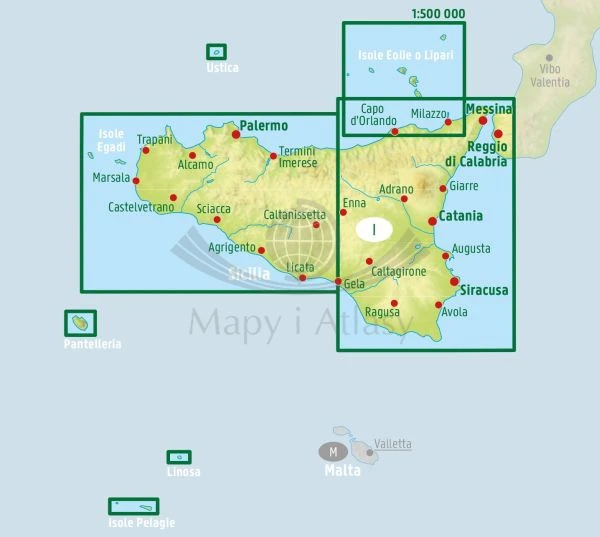 Sycylia, Palermo, Catania, Messina. Mapa samochodowo-turystyczna wydawnictwa Freytag Berndt. Zasięg