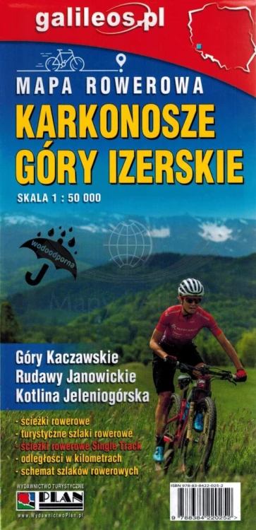 Karkonosze, Góry Izerskie, Kaczawskie, Rudawy Janowickie, Kotlina Jeleniogórska. Laminowana mapa rowerowa. Single Track wydawnictwa Galileos. Okładka - tył