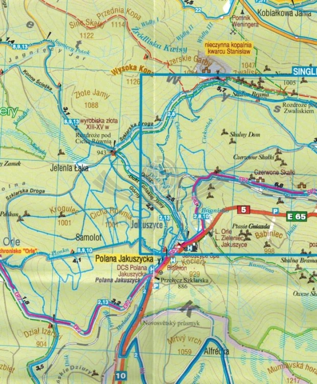 Karkonosze, Góry Izerskie, Kaczawskie, Rudawy Janowickie, Kotlina Jeleniogórska. Laminowana mapa rowerowa. Single Track wydawnictwa Galileos. Fragment 1