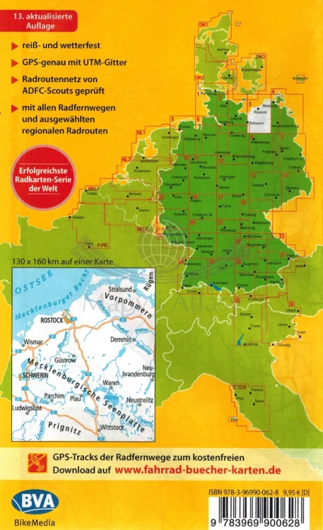 Ostseekuste Mecklenburg 1:150 000. Wodoodporna mapa rowerowa 3 wydawnictwa ADF. Zasięg