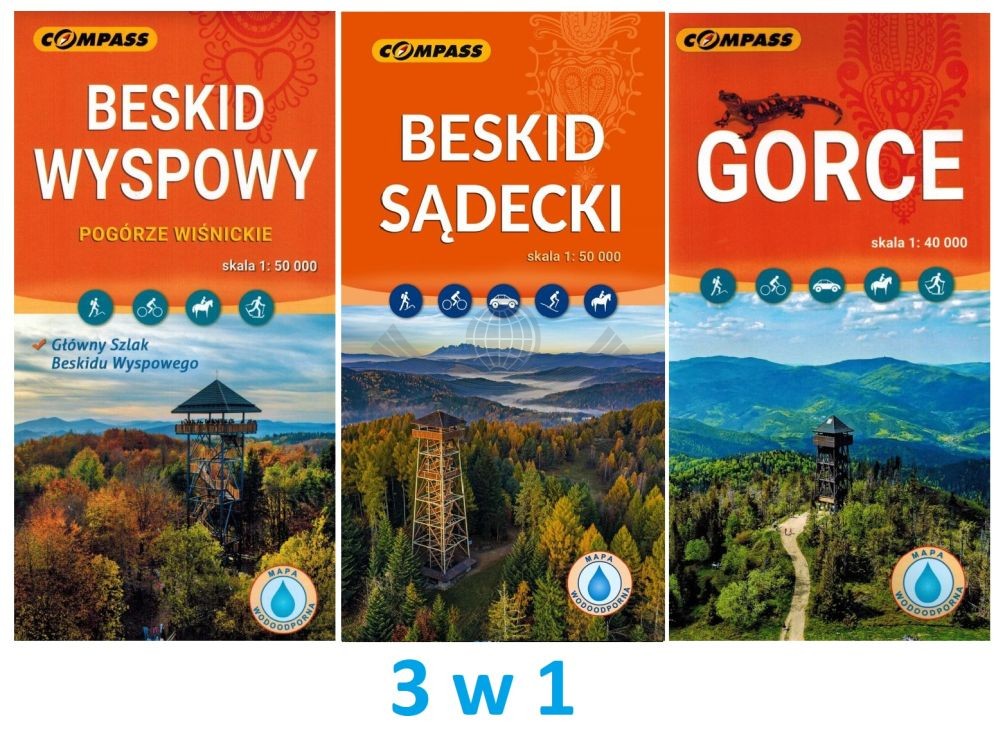 Beskid Wyspowy, Sądecki i Gorce. Zestaw: 3 x laminowana mapa turystyczna. Compass
