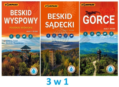 Beskid Wyspowy, Sądecki i Gorce. Zestaw trzech laminowanych map turystycznych wydawnictwa Compass