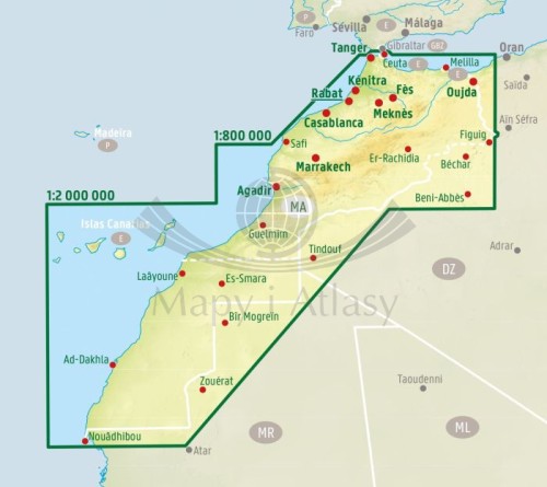 Maroko 1:800 000. Mapa samochodowo-turystyczna wydawnictwa Freytag &amp; Berndt. Zasięg