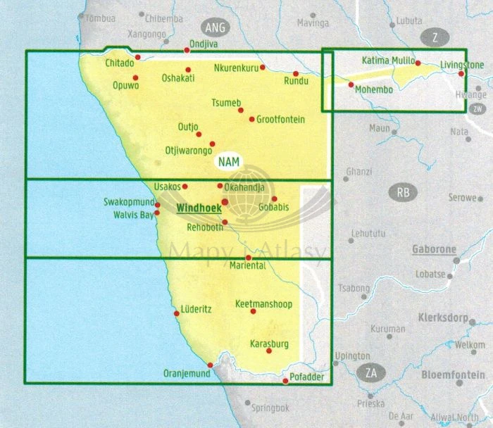 Namibia 1:1 000 000. Mapa samochodowo-turystyczna wydawnictwa Freytag Berndt. Zasięg