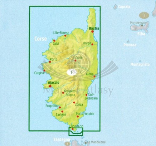 Korsyka 1:150 000. Mapa samochodowo-turystyczna wydawnictwa Freytag Berndt. Zasięg