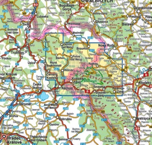 Góry Stołowe, Adrszpasko Teplickie Skały, Broumovske Steny. Laminowana mapa turystyczna wydawnictwa Compass. Zasięg