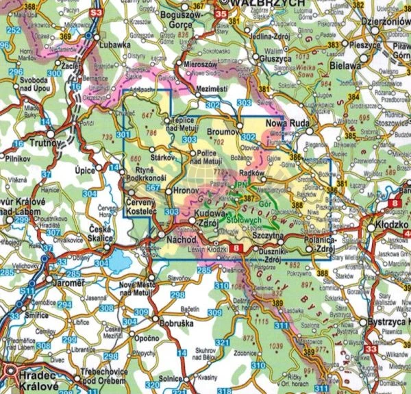 Góry Stołowe, Adrszpasko Teplickie Skały, Broumovske Steny. Laminowana mapa turystyczna wydawnictwa Compass. Zasięg