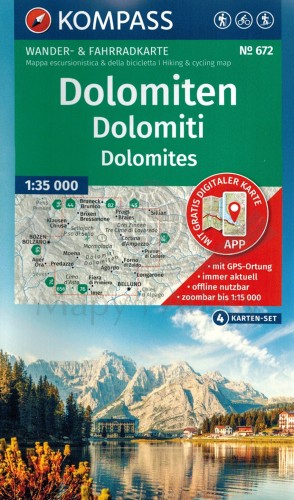 Dolomity. Zestaw czterech map turystycznych 672 wydawnictwa Kompass. Okładka zestawu