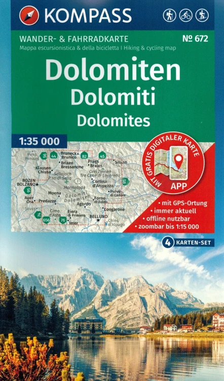 Dolomity. Zestaw czterech map turystycznych 672 wydawnictwa Kompass. Okładka zestawu