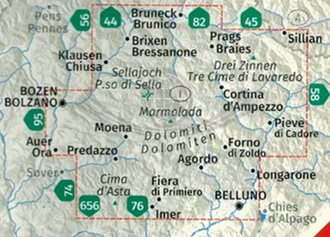 Dolomity. Zestaw czterech map turystycznych 672 wydawnictwa Kompass. Zestaw - zasięg