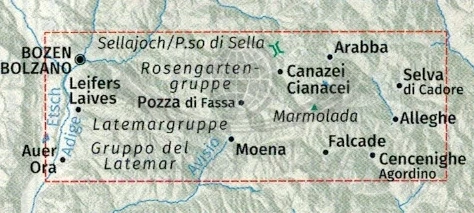 Dolomity. Zestaw czterech map turystycznych 672 wydawnictwa Kompass. Mapa 2 - zasięg