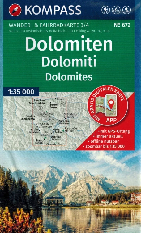Dolomity. Zestaw czterech map turystycznych 672 wydawnictwa Kompass. Mapa 3 - okładka